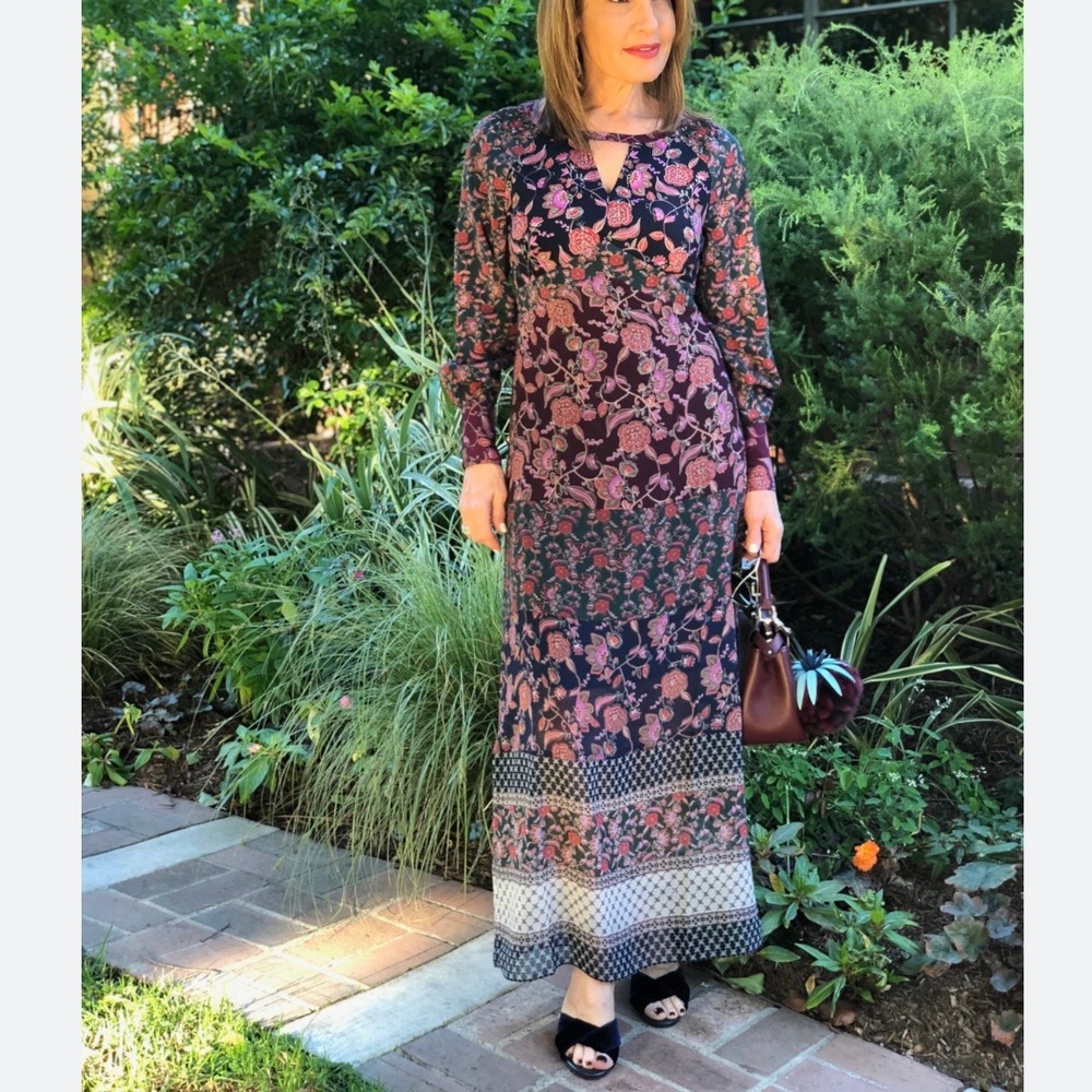Cabi Festive floral paisley maxi dress Size M boho patchwork multicolor keyhole